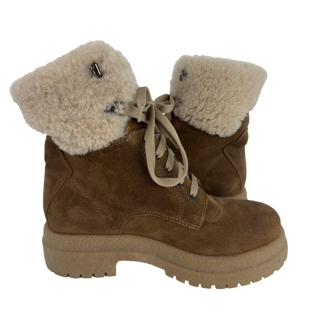 La Canadienne Brown Suede Faux Fur Combat Boots 5.5 Made Canada - Picture 4 of 13